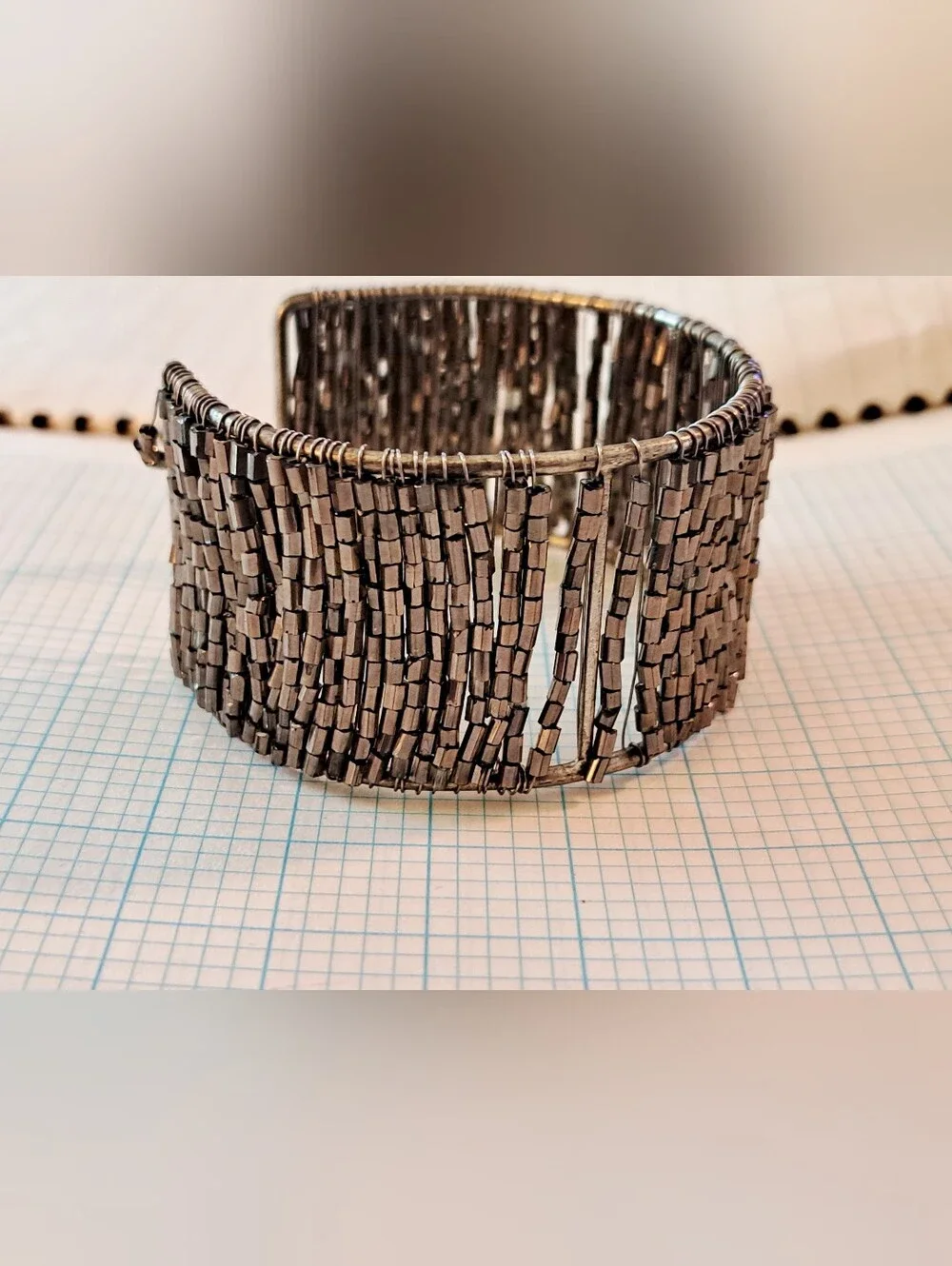 Gunmetal Gold Beaded Cuff Bracelet - Metallic Grey Statement Bracelet